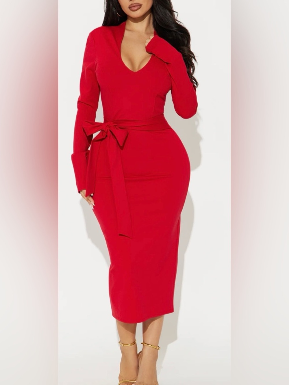 NWT fashion nova Red scoop Neck Long Sleeve belted Midi Dress size XL - Picture 1 of 5